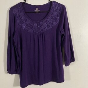 Covington Sport Top Womens MP Purple Lace Yoke Henley 3/4 Sleeve Cotton Blend